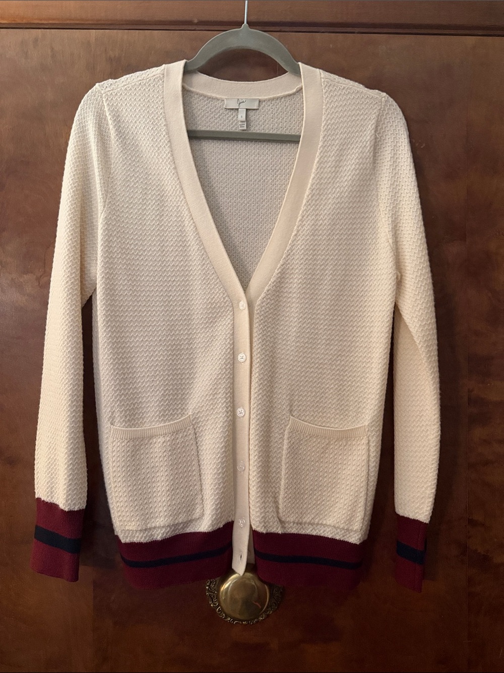Joie Cream V-Neck Cardigan with Burgundy and Navy Trim